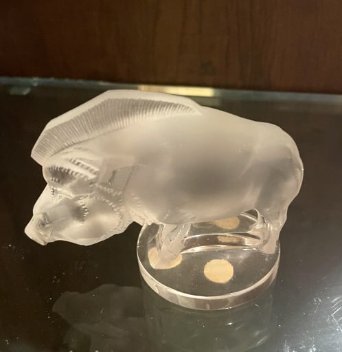 LALIQUE SANGULER WILD BOAR CRYSTAL FIGURINE: tem/Description: Presse papier "Sanglier" Warthog / Wild Boar frosted crystal figure by Lalique France. Signed on base. Includes original Lalique box and packaging as shown. (Razorback, Automobile Mas