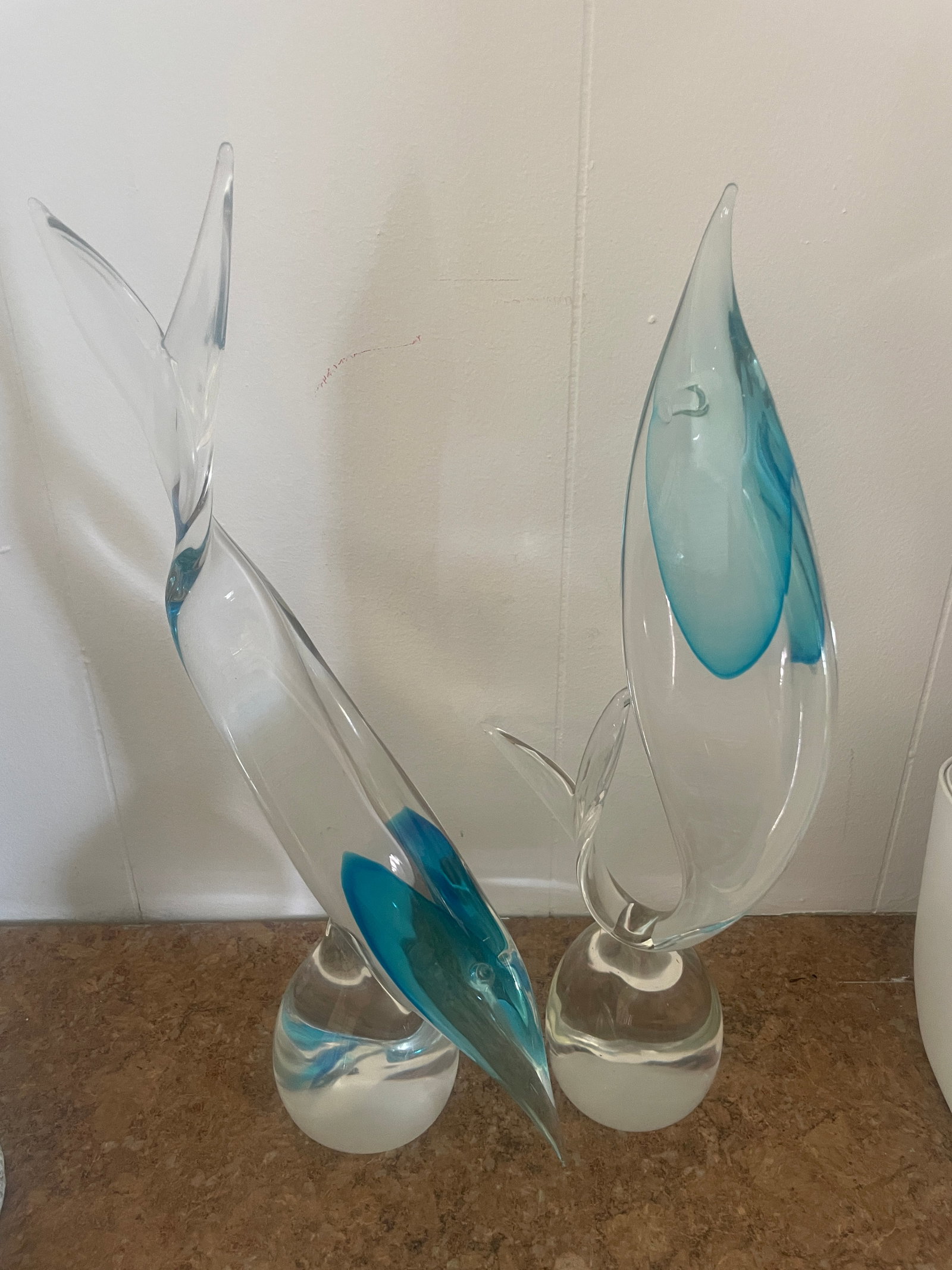 MURANO DUO COLORED FISH AND BIRD: Both about 10" tall, with blue through the clear glass on clear glass stands, unsigned similiar to Segusso