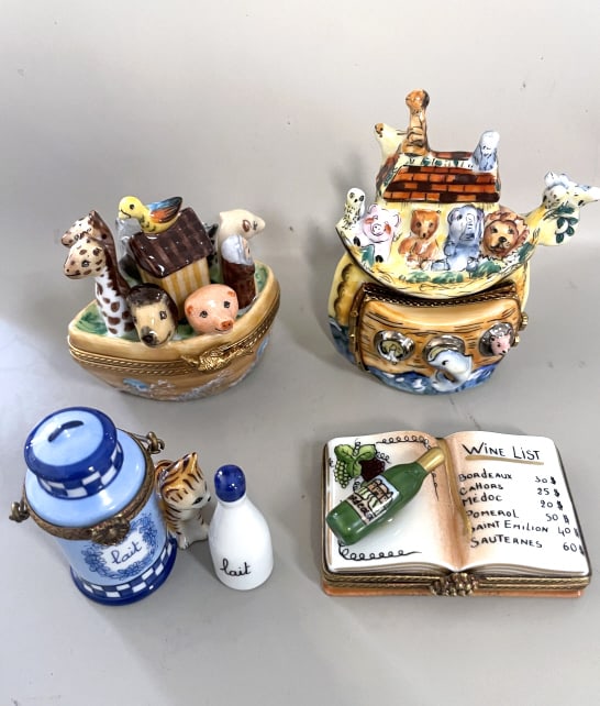 LOT OF (5) PEINT LIMOGES TRINKET BOXES 2 LARGE: To include Noahs Ark, cat with milk bottle, dog house, wine list, largest several inches , all excellent cocndition