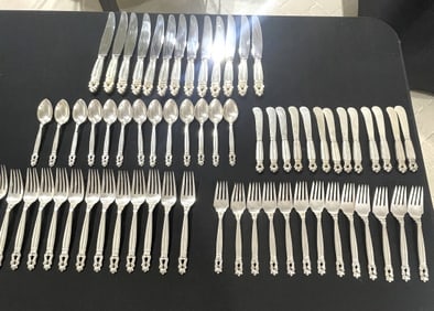 GEORG JENSEN (65) PIECE STERLING "ACORN" FLATWARE