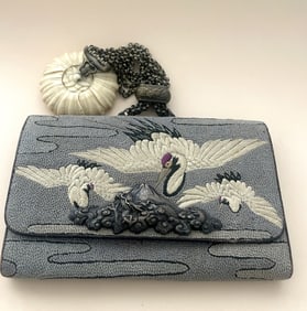 ANTIQUE JAPANESE ADORNED  TOBACCO PURSE W MENUKI