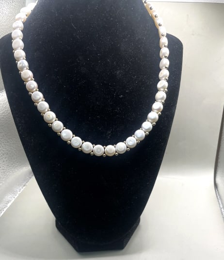 ESTATE PEARLS AND 14KT YELLOW GOLD ACCENTS: Features 45 matching 3mm pearls, all matching great quality, each pearl has 2 14 kt gold spacers, plus an ornate marked 14kt yello gold glasp, we estimate, the gold alone to be between 2-3 dwts, 16" c