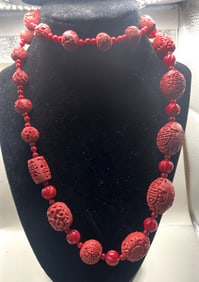 CHINESE OPERA LENGHT CARVED CINNABAR NECKLACE