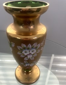 EMERALD GREEN GILT GOLD ENAMEL GLASS BOHEMIAN VASE