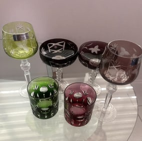 3 SETS OF 2 BOHEMIAN COLORED CRYSTAL GLASSES