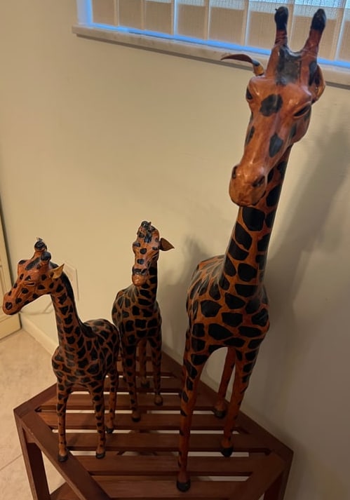 LOT OF (3) LEATHER GIRAFFES MOTHER 2 BABIES: Tallest