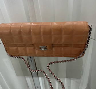 CHANEL BEIGE CLASSIC MINI  SINGLE FLAP  BAG: Chanel Classic mini shoulder Bag in Quilted Beige Patent Leather and Lambskin Leather With Brushed silver-Tone Metal Hardware. Mademoiselle Turn-Lock Closure and Interwoven Leather Chain., measures 10