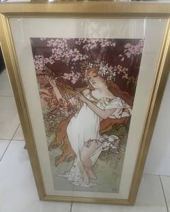 ALPHONSE MUCHA LARGE GORGEOUS FRAMED PRINT SPRING: Titled Printense, this comes from a Palm Beach mansion, measures 15" X 36" plus frame, excellent condition