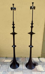 EXQUISITE PAIR ROBERT KUO BLACKENED FLOOR LAMPS: Robert kuo for Mcguire blackened brass floor lamos in the style of Diego Giacometti, the retain Kuos signature blackened enamel over hammered brass base, and the traditional M FOR MCGUIRE AT THE TOP O