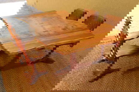 CUSTOM WALNUT TRESTLE TABLE RICHARD ROTHBARD 1975: Mid century modern, an exceptional piece of American studio craft history by the acclaimed woodworker and artist Richard Rothbard.This is a one of a kind book matched walnut sla dinning table with a s