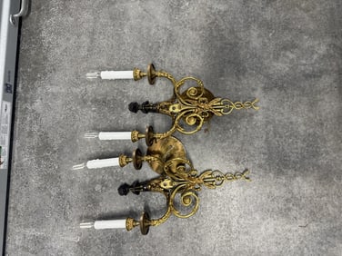 PAIR OF HEAVY BRONZE SCONCES WITH CUPID CENTER