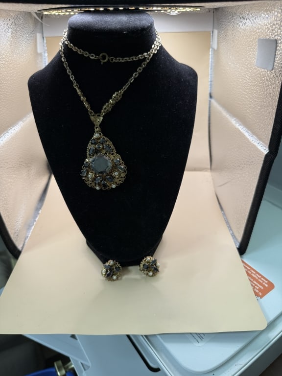 MID CENTURY GERMAN FAUX GARNET RUNWAY SET: Pendant, chain, and matching earrings, marke west Germany, chain is 22" long, in great conditions, from a Miami show girls collection