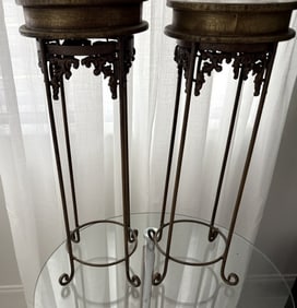 PAIR OF MODERN WOODEN TOP PLANT STANDS