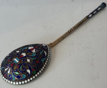 RUSSIAN ENAMEL AND 84 SILVER  SOUP SPOON