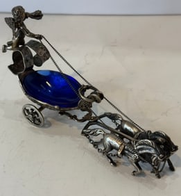 VINTAGE SILVER CUPID CHARRIOT SALT CELLAR COBALT INSERT