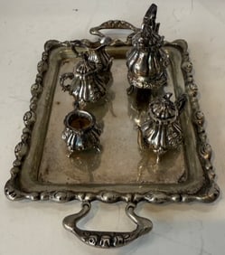 VINTAGE SILVER MINIATURE TEA  SET WITH TRAY MARKED STERLING