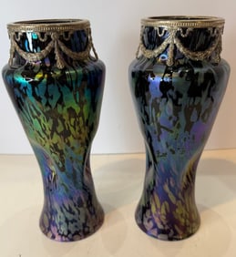 FABULOUS PAIR ANTIQUE LOETZ STYLE  IRRIDECENT VASES ORMOLU COLLARS
