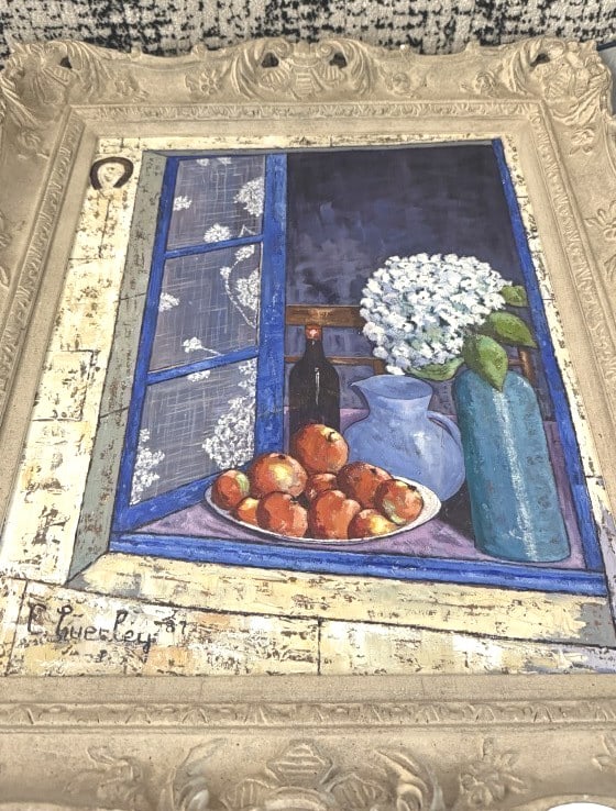 CECIL EVERLEY FRENCH . AMERICAN 1910-1989: TITLED lOOKING IN THE OLD FARM WINDOW, MEASURES 20" x 26" PLUS LARGE FRAME SIGNED LOWER LEFT Artist and bon vivant Cecil Everley painted the landscapes surrounding his homes in California and the sout