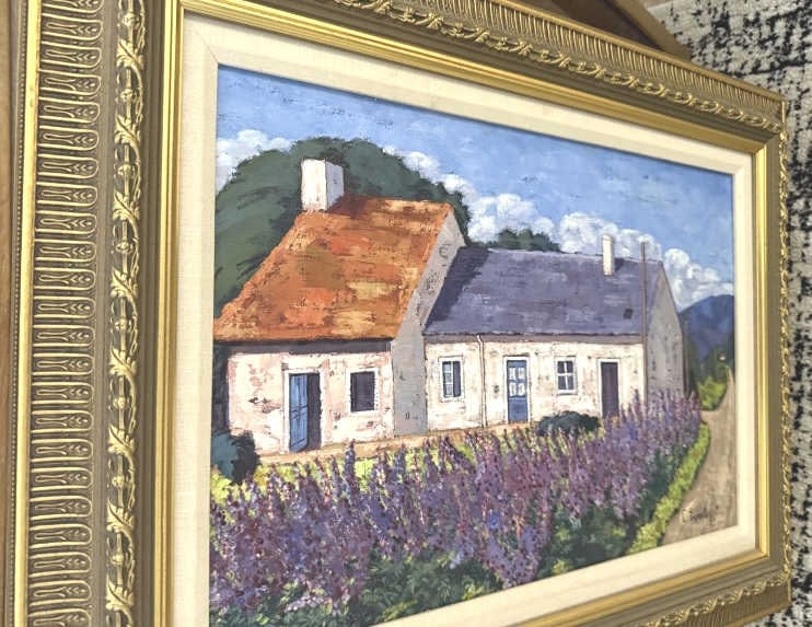 CECIL EVERLEY FRENCH . AMERICAN 1910-1989: farmhouse with lavender, measures 15" x 22" plus frame signed lower left Artist and bon vivant Cecil Everley painted the landscapes surrounding his homes in California and the south of France. Everlyb