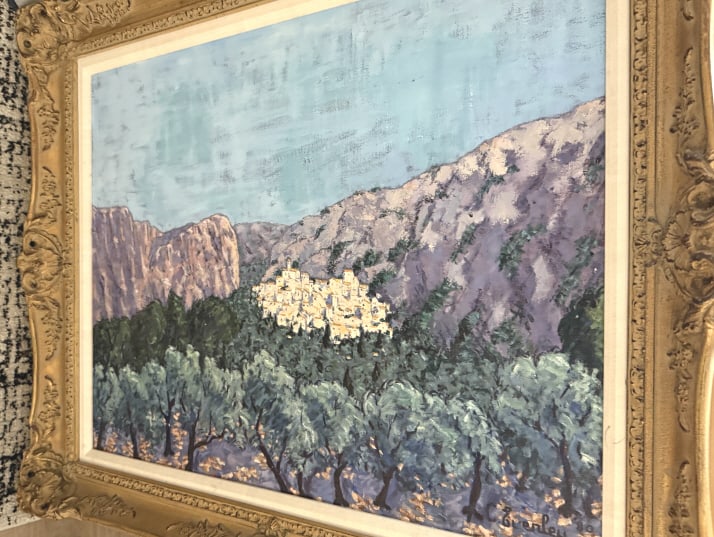 CECIL EVERLEY FRENCH . AMERICAN 1910-1989: Titled "lucerne" French lANDSCAPE, 32" x 25" SIGNED LOWER RIGHT Artist and bon vivant Cecil Everley painted the landscapes surrounding his homes in California and the south of France. Everly began pai