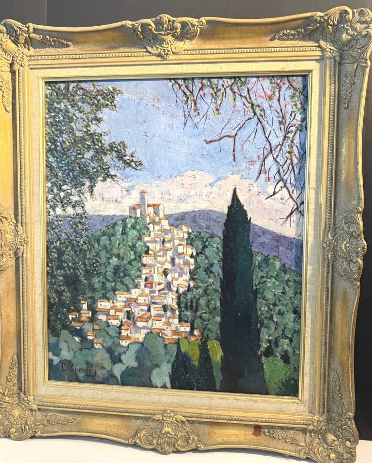 CECIL EVERLEY FR. AM. 1910-1989 LARGE O/C: Titled " Hilltop Village Italy", measures 19 1/2" X 24", plus frame. signed lower left, dated 1979 Artist and bon vivant Cecil Everley painted the landscapes surrounding his homes in California and th