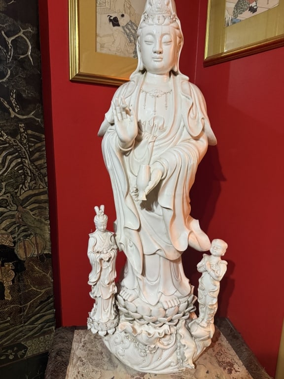 ANTIQUE PALATIAL CHINESE GUANYIN BLANC DE CHINE: From an Asian collector, measures 45" tall, with 2 immortals standing by her side, in excellent condition, very heavy most likely 19th century