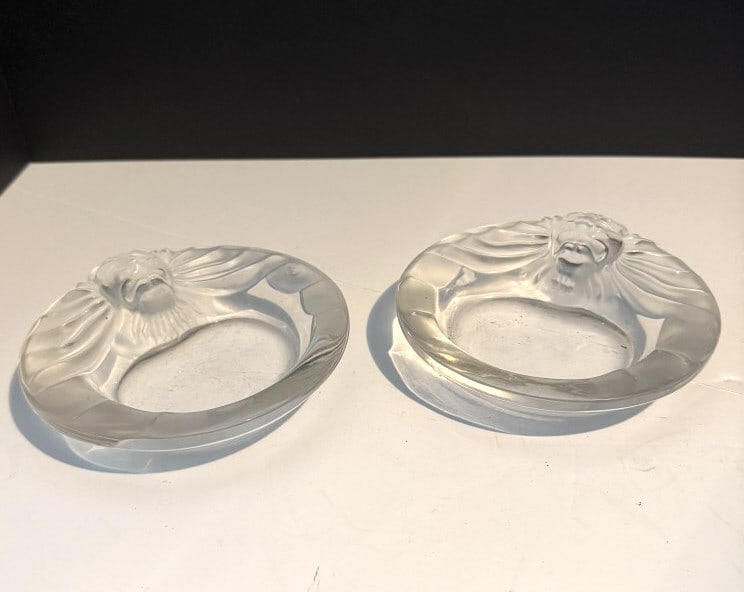 PAIR LALIQUE " TETE DI LION" CRYSTAL ASHTRAYS (1 of 1)