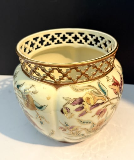 ANTIQUE ZSOLNAY RETICULATED PORCELAIN JARDINIERE (1 of 2)