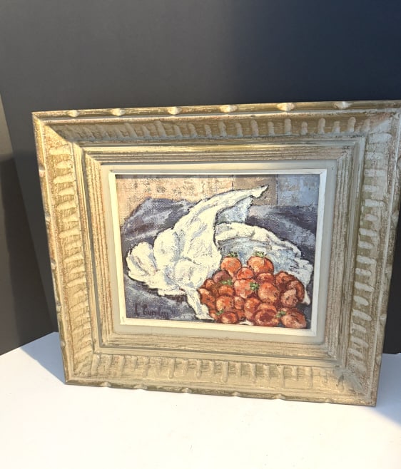 CECIL EVERLEY FR. AM. 1911-1979: Oil on canvas titled : LES FRAISES ENVELOPPEES' measures 8 1/2" X 10" signed lower left dated 1971, plus frame Artist and bon vivant Cecil Everley painted the landscapes surrounding his homes inCalifo