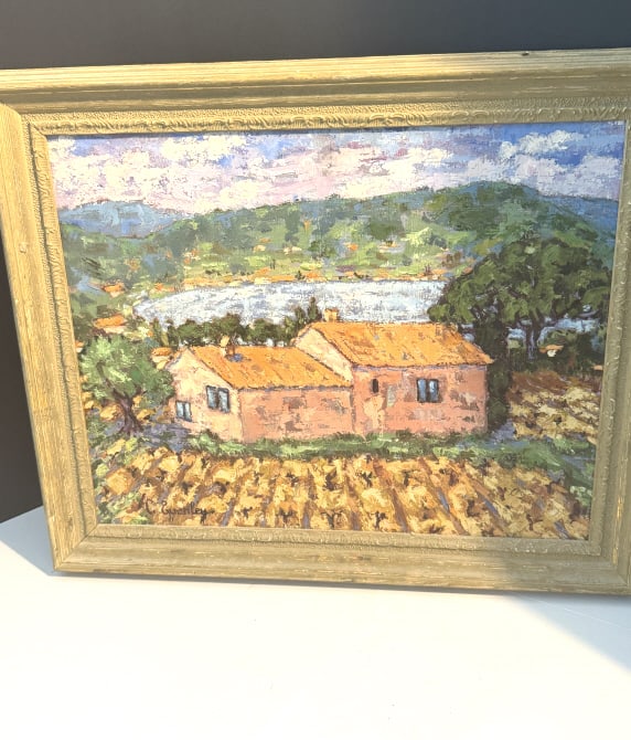 CECIL EVERLEY FR. AM. 1910-1989 O/C: Titled 'VIEUX MAS ST. TROPEZ' signed lower left measures 17" X 13" plus frame Artist and bon vivant Cecil Everley painted the landscapes surrounding his homes in California and the south of France. Ev