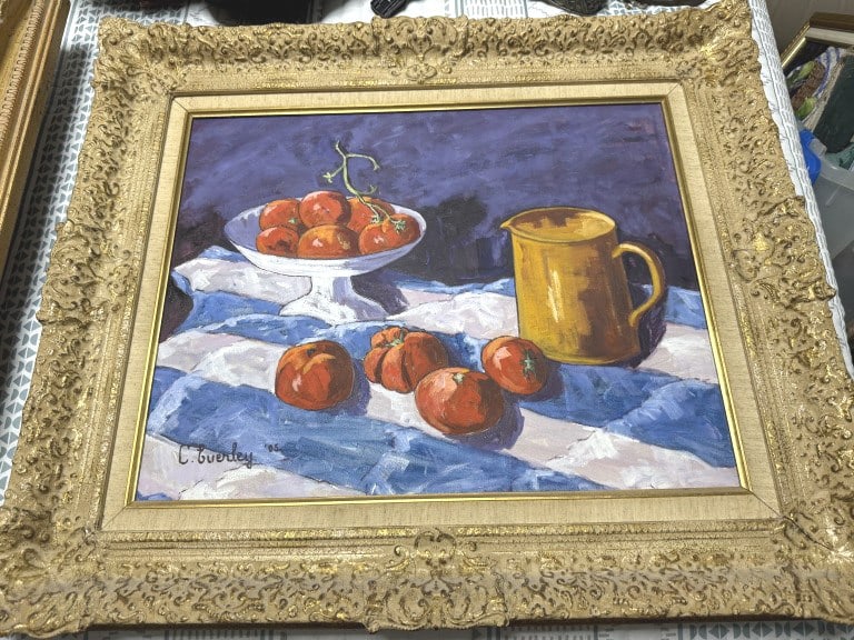 CECIL EVERLEY FR. AM. 1910-1989 O/C: Titled " tomatoes and pitcher, measures 16 x20 plus heavy frame, signed lower left, dated 1985... Artist and bon vivant Cecil Everley painted the landscapes surrounding his homes in California and the