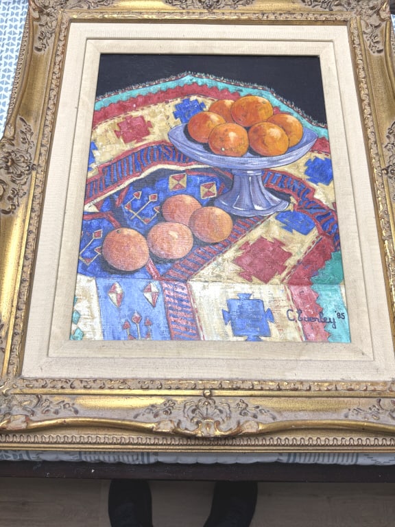 CECIL EVERLEY FR. AM. 1910-1989 O/C: Titled bowl of oranges, measures 19" x 14" plus frame, signed lower right dated 1985 one of his later pieces. Artist and bon vivant Cecil Everley painted the landscapes surrounding his homes in Califo