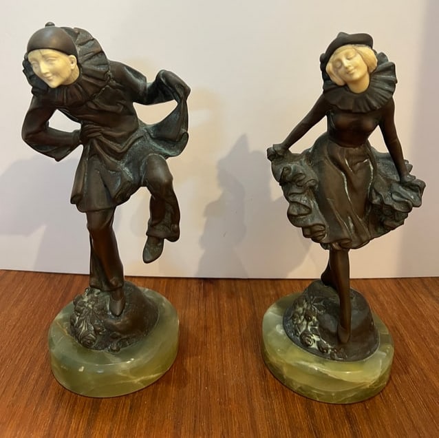 DECO PR BRONZE PIERROT BY PETER TERESZCZUK ORIGINAL: This fabulous set has been in the same house together for nearly a century. They measure 11” each tall and are in very good condition They are SIgned Austria and with the artists name sold ass a