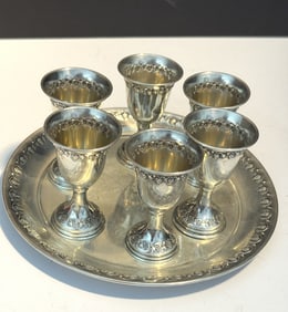 STERLING VINTAGE 6 CUP KIDDUSH SET WITH TRAY