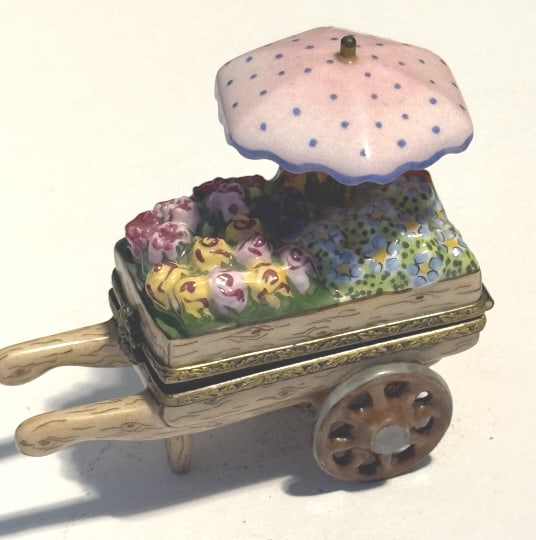 GORGEOUS LIMOGES FLOWER CART PORCELAIN  PILL BOX (1 of 4)