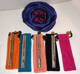 LOT OF 4 RARE BOND No. 9 NYC POCKET SPRAY SCENT BOTTLES, POUCHES & PIN