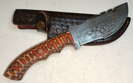 RAINDROP DAMASCUS STEEL BLADE WOOD TRACKING HUNTING KNIFE