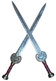 PAIR OF DAMASCUS STEEL HORSE MOTIF SWORDS WITH SHEATHES