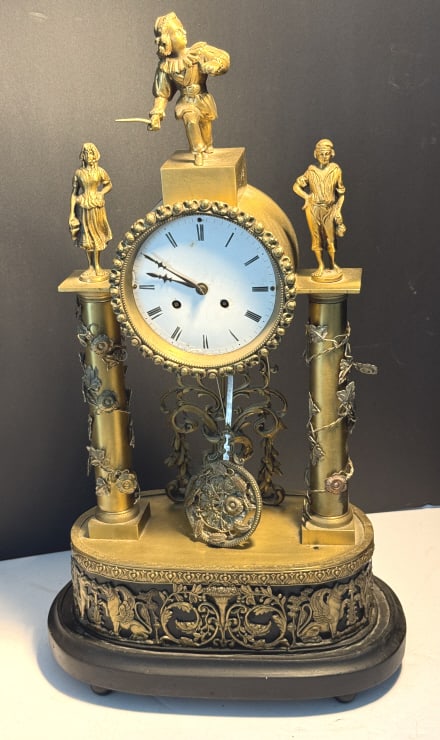 1850'S AUSTRIAN VIENNESE 2 GONG SONNERIE CLOCK: Clock is made of brass, consisting of 2 ornate vine encircled corinthian columns . sits on a stand, should have a glass dome, but this was missing from the estate, easily found elsewhere