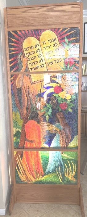 LARGE ANTIQUE STAINED GLASS DEPICTING "MOSES": This adorned a Electchester synagogue in Long Island since the 1960's, was purchased upon merging with another synagogue . it was framed in a wooden lit casing, and shipped to Florida about 15 years a