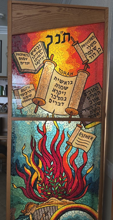 LARGE ANTIQUE STAINED GLASS DEPICTING "ESTHER": This adorned Electchester synagogue in Long Island since the 1960's, was purchased upon merging with another synagogue . it was framed in a wooden lit casing, and shipped to Florida about 15 years ago