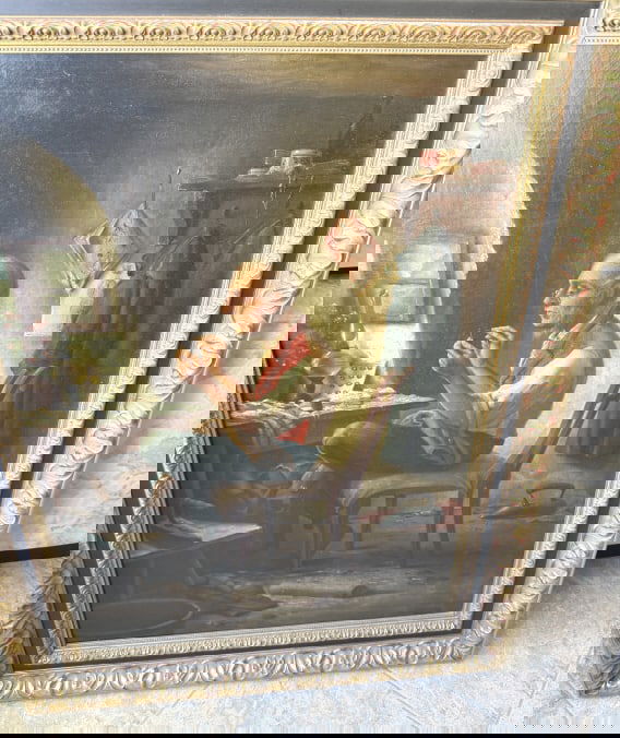 LARGE PAINTING ON BOARD OF TAILOR SIGNED HELLMUTH: Nicely framed, looks Hungarian , measures , plus frame signed lower right