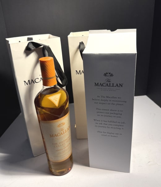 MACALLAN 2 BOTTLES AMBER MEADOW SCOTCH WHISKY: Both bottles are never opened, come with their original boxes and bags, this was a limited production run, and considered one of the top Scotch makers in the world, each bottle retailed for over