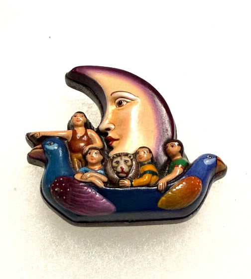 RARE SERGIO BUSTAMANTE NOAHS ARK BROOCH: About 1 1/2" long, signed , made with lacquered paper mache, mounted in sterling silver, circa 1980's