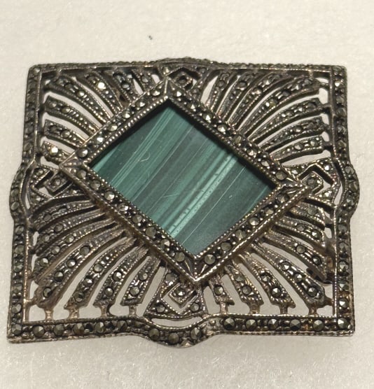 ART DECO STERLING MALACHITE AND MARCASITE BROOCH (1 of 2)