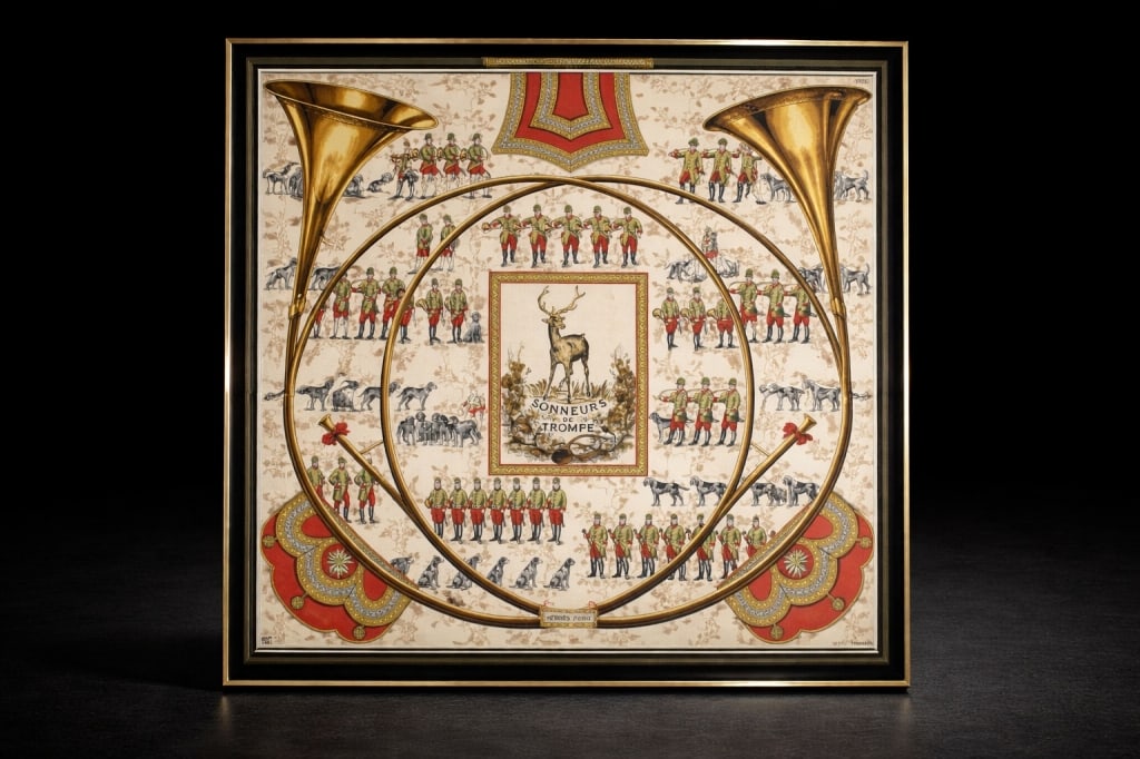 HERMES " PANACHE & FANTASIE" DESIGNED SILK SCARF: This was reissued for the 1984 French Exhibition, commemorating the 100 th anniversary of the French auto. measures 36" squared and is in fine used condition