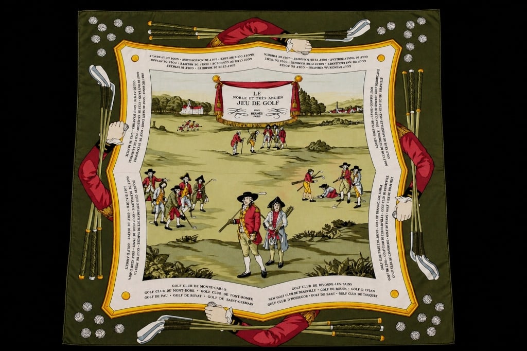 HERMES VTG. "LE NOBLE ET TRES JEU DE GOLF SCARF": This scarf was first designed back in 1953 by Hugo Grygkar,and is in very fine used condition, measures 36" squared