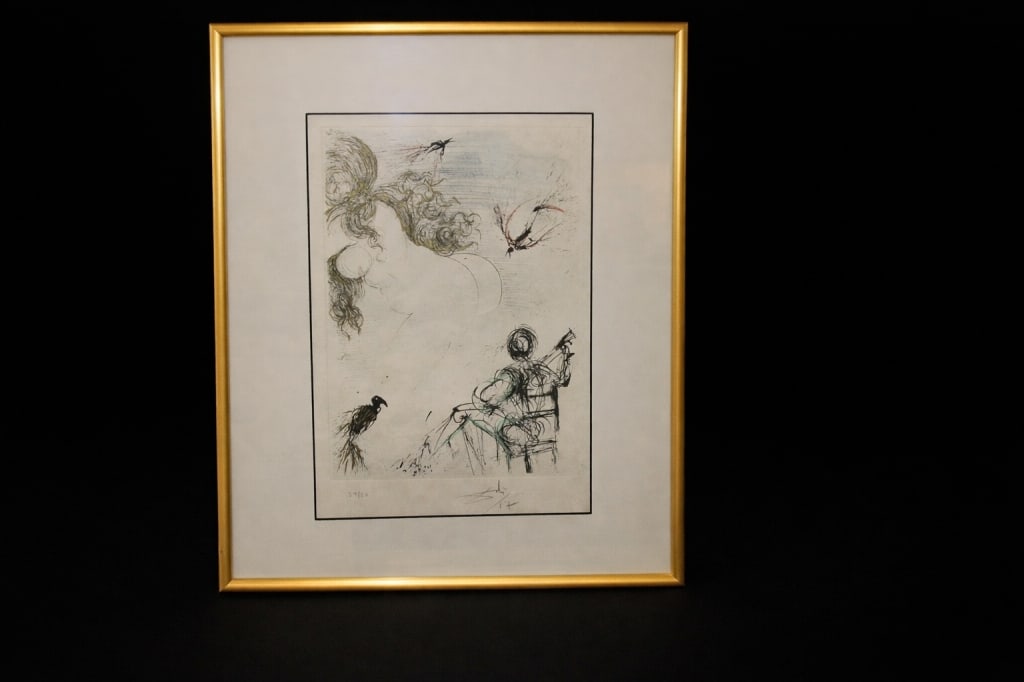 SALVADORE DALI FRAMED ETCHING WOMAN WITH PARROT: Created in 1976 by Dali, part of the Poemes Secrets series, etching and drypoint, 15" X 11"