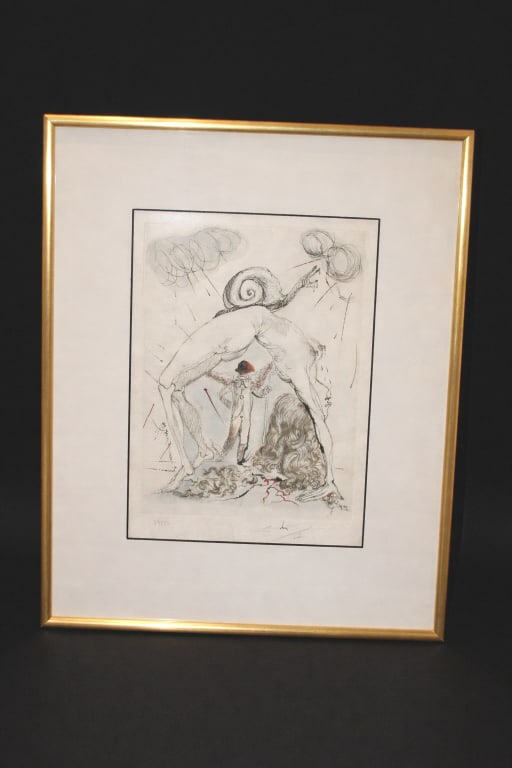 RARE SALVADORE DALIHAND COLORED ETCHING SIGNED: #39/50 Titled Nu a Escargot, nude with snail, etching with dry point on paper, part of the secret poems series 1967/1968 from the estate of the French Baroness we are liquidating, 12 1/2" X 9 1/2