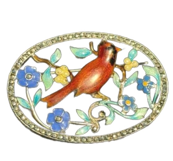 VINTAGE STERLING & ENAMELED FLORAL BIRS BROOCH: 1 1/2" IN DIAMETER, 12.25 GRAMS, IN GORGEOUS CONDITION